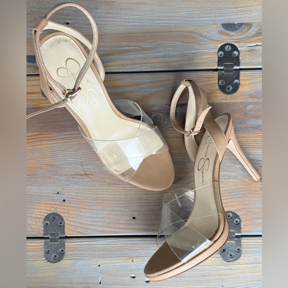 Jessica Simpson SIZE 7 Clear Nude Open Toe Strappy See-Through Heels 4 Inch - Picture 1 of 9